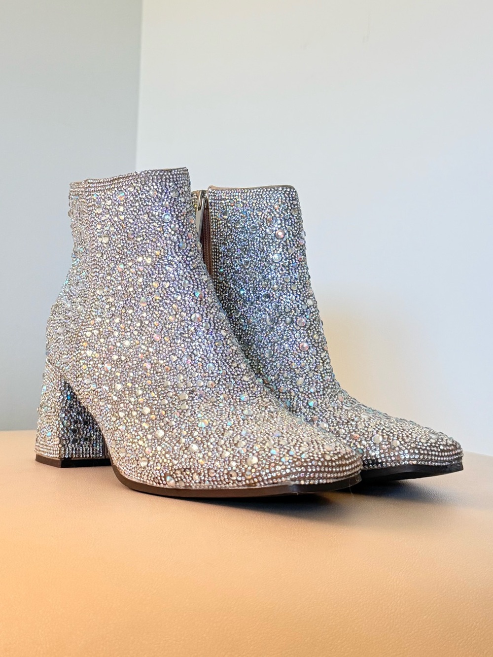 Crystal-Embellished Silver Ankle Booties